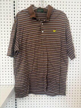 Amen Corner Mens Brown & Blue Striped Polo Shirt L Double Mercerized Cotton
